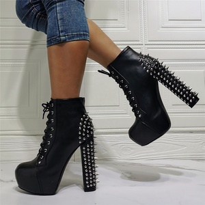 Autumn Spike Rivets Ornament Round Toe Platform Front Lace up Daily Women Ankle <b>Boots</b> High Chunky Heel Big Size 47 - Product Image 5