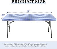 Nappe rectangulaire pliante de 30 x 72 pouces, bleu à carreaux, en PEVA plastique élastique, pour pique-nique en plein air, fête