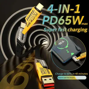 סגסוגת אבץ 4 יציאות טעינה מהירה Pd 65w כבל טעינה חשמלית נסיעות 4 ב-1 כבל USB טעינה סוג C כבל נתונים