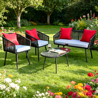 Vente chaude d'usine : Ensemble 4 pièces de chaises en corde tressée et table basse avec pieds métalliques coniques pour intérieur et extérieur