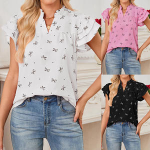 Blusa de Mujer con Estampado Dulce, Cuello en V, Mangas con Volantes Multicapa, Estilo Europeo Americano, Nueva Colección Verano 2025 - Product Image 4