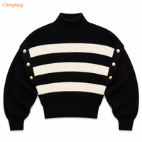 Pull-over pour homme rétro nautique noir à larges rayures, col roulé, tricot épais, manches longues bouffantes, fournisseur de logos personnalisés