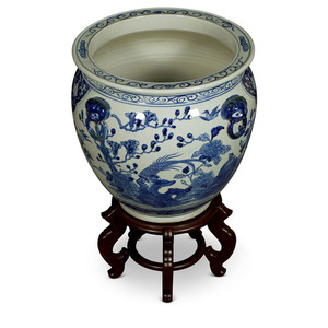 15.5 Inch Blue and White <strong>Porcelain</strong> Bird and Flower Chinese <strong>Fishbowl</strong> Planter Pot - Product Image 5