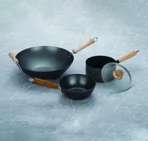 Popular non-stick wok pan home kitchenware woks carbon steel cooking cookware with wooden handle.