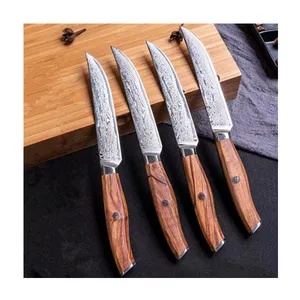 4 Pieces Steak Knife Set, Japanese Damascus Steel, Olive Wood Handle