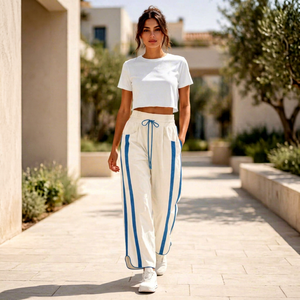 <b>White</b> Cropped T-Shirt With Blue Stripe Sweatpants <b>Elastic</b> <b>Waist</b> Drawstring Casual Loose Fit Joggers Summer Wear - Product Image 1