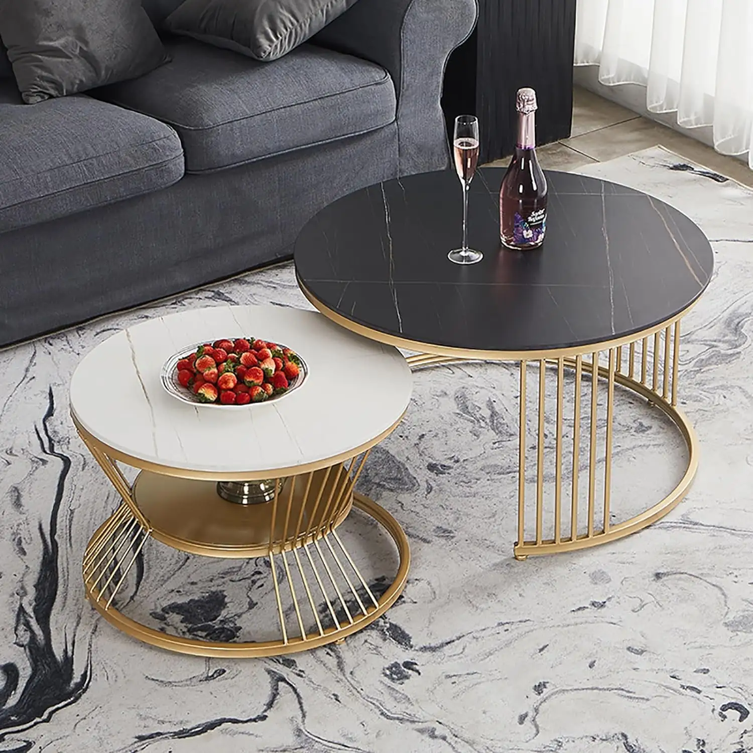 NOVA Modern daire oturma odası 2 adet sehpa seti mobilya yuvarlak taş masaüstü tasarım Metal çerçeve ile çay masası takım