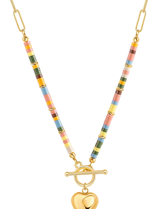 สร้อยคอจี้รูปหัวใจพองเคลือบทอง <span class=keywords><strong>18K</strong></span> ยี่ห้อ Aobei Pearl สไตล์โบฮีเมียนประดับด้วยลูกปัดดินลาวาสีสันสดใส พร้อมสายสร้อยไม้ไผ่ทำมือ - Product Image 1