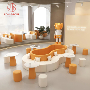 Cabina de sofá curvada de cuero <span class=keywords><strong>para</strong></span> muebles de cafetería comercial con mesa circular redonda de mármol <span class=keywords><strong>y</strong></span> par de <span class=keywords><strong>taburetes</strong></span> cilíndricos - Product Image 5