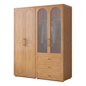 Minimalist Solid Wood Wardrobe Combination Double Door Freestanding Bedroom Cabinet With Glass Panels And <b>Drawers</b> - Product Image 4