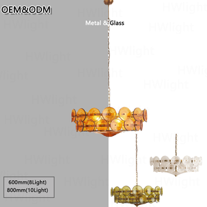 Lustre en verre martelé ambré de style Mid-Century, finition laiton antique, suspension à deux niveaux en forme de tambour, luminaire de plafond pour salon, salle à manger, chambre à coucher - Product Image 2