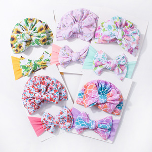 Nuevo Conjunto de Gorro y Diadema Estampados para Bebé, Lindo Conjunto de Dos Piezas con Lazo para Niños, en Poliéster Cortavientos para Exportación - Product Image 1