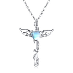 Collar con Colgante Estilo Piedra Lunar con Forma de Corazón y Alas para Mujer, Joyería de Moda para Uso Diario, Regalo - Product Image 1