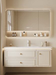 New intelligent heat-bending integrated ceramic basin oak French bathroom washbasin hanging cabinet - Product Image 3