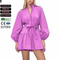 Robe décontractée élégante pour femme, violette personnalisée, à col montant, manches longues bouffantes, avec ceinture à nouer, ourlet à volants et coupe fluide froncée