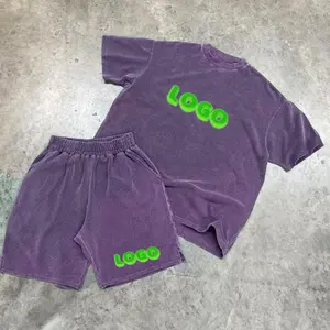 Oem kaus katun dicuci asam Logo bordir celana pendek Terry Perancis 2 potong set Streetawear pakaian olahraga pendek untuk pria