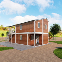 Maisons préfabriquées en conteneurs à deux étages, aspect bois, pour usage extérieur, assemblage rapide et facile, design moderne, résistant au vent