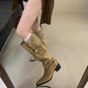 2026 Autumn New Knee Pointed Knight <b>Boots</b> Comfortable Thick Heel High <b>Boots</b> Fashionable All-match Sleeve <b>Boots</b> - Product Image 2