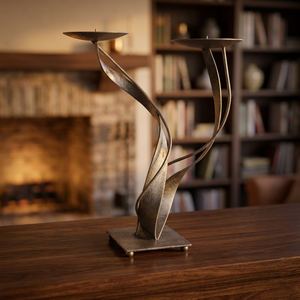 Vintage Twisted Ribbon Handmade Pillar Candle Holder Christmas Mid Century Modern Wrought Iron Brutalist Style Antiqued Silver - Product Image 3