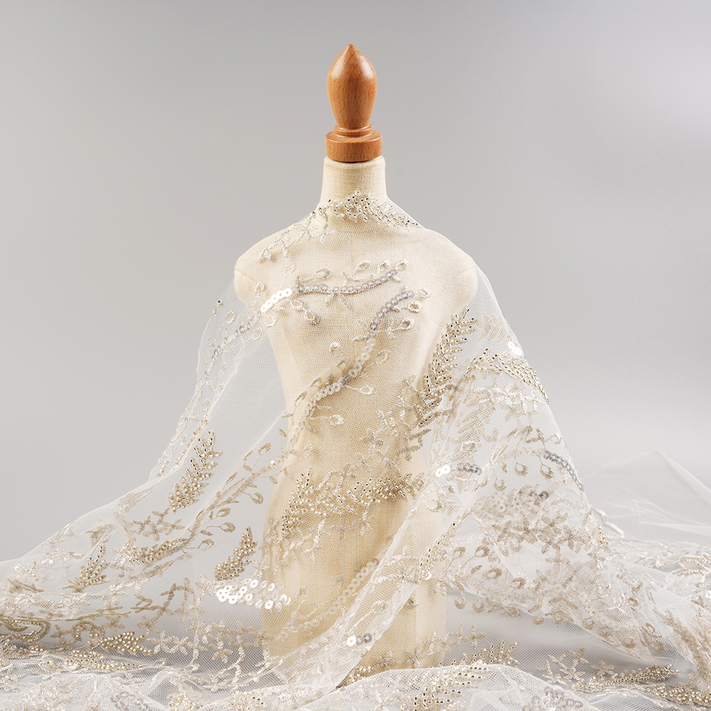 Bridal stone floral beaded sequin lace tulle mesh embroidery fabric for wedding dress