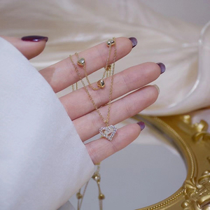 2024 yeni moda 14 altın çift katmanlı kalp zirkon kolye klavikula zinciri zarif Charm düğün kolye takı kadınlar için - Product Image 4