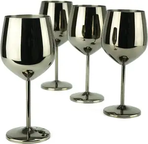 Four Piece Set of Stainless Steel Red Wine Glasses With Handles Black 16 Ounce Non Fragile Wine Glasses