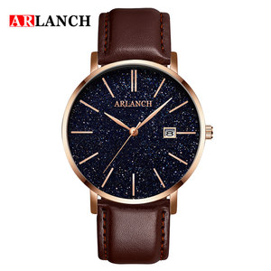 Montre Homme Tendance Unique Nuit Étoilée Aiguilles Dorées Fenêtre Date Bracelet Cuir Idéale Cadeau - Product Image 4
