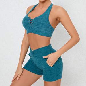 Ensembles d'entraînement pour femmes Soutien-gorge de <span class=keywords><strong>sport</strong></span> pour le dos nageur et short de yoga froncé à la taille en V avec poches Vêtements actifs Gym Fitness Set Yoga Outfits - Product Image 4