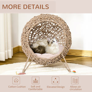 20.5 "Geweven Kattenbed, Verhoogd Handgeweven Gevlochten Bananenblad Kittenhuis Met Kussen, Beige - Product Image 5