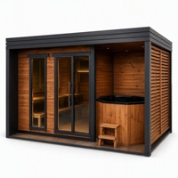 Suite de sauna extérieur en forme de cube 3-en-1 avec poêle à bois en cèdre rouge sans nœuds, bain à remous hexagonal, vestiaire, personnalisable OEM