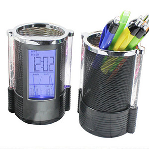 Haonan Office Supplies Store Pen Holder Electronic Clock Round Metal Mesh Calendar Temperature Display Desk Storage Gift - Product Image 2