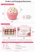 Coffret de 6 bombes de bain personnalisées en forme de cupcake grenade, 70g, avec crème fouettée végétale rose et blanche, et saupoudrage coloré hydratant, en boîte cadeau