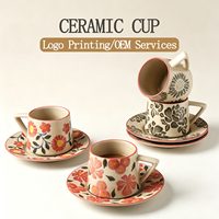 Tasses et soucoupes en céramique émaillée craquelée, magnifiques tasses à latte à motifs floraux, vaisselle en poterie artisanale, mugs compatibles lave-vaisselle