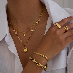 Moda de acero inoxidable Paperclip cadena collar corazón colgante collar Mujeres 18K chapado en oro pulsera collar conjuntos joyería - Product Image 2