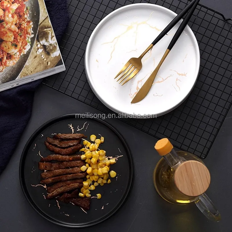 ชุดเครื่องใช้บนโต๊ะอาหารเซรามิก,ชุดเครื่องใช้บนโต๊ะอาหารจานจานวงรีทรงกลมมาร์บลิงสีขาวสีดำเครื่องใช้ในครัวเรือน