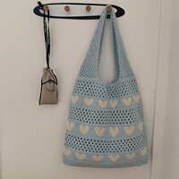 Sac fourre-tout en tricot à rayures cœur, cœurs rouges, maille ajourée ivoire, sac de plage coucher de soleil, personnalisable avec logo, faible MOQ, B2B
