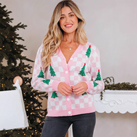 Cardigan en tricot à carreaux pour femme, col en V, boutonné, manches longues, motif sapin de Noël, pour les fêtes