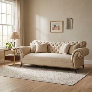 Elegante Juego de Sofás Chesterfield Gótico Vintage 2+3, Muebles de Estilo <span class=keywords><strong>Americano</strong></span> en Color Crema Cálido, Juego de Sofás Tapizados en Tela para Sala de Estar - Product Image 4