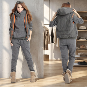 Ensemble de sweat-shirts en molleton à capuche pour femmes, couleur unie gris, décontracté, à porter en automne/printemps, avec fermeture éclair et logo imprimé sur le devant, 100% coton - Product Image 6