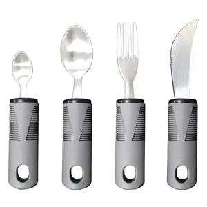 Adaptive Silverware For Elderly With Arthritis Parkinson Or Hand Grip Disable Grey Handle Fork And Spoon Dinnerware Set