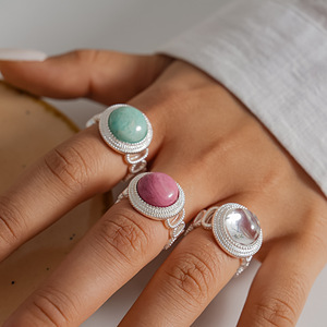 Boho Natural Stone Statement <b>Ring</b> <b>Silver</b> Plated Double Bezel Hollow <b>Adjustable</b> Open Band Retro Index Finger <b>Ring</b> - Product Image 1