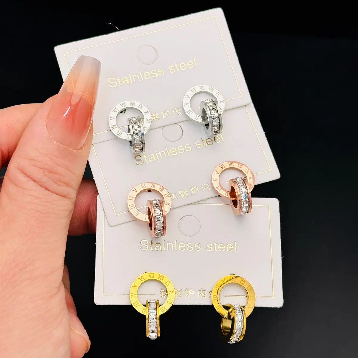 High Quality Cz Rose Gold Earrings Elegant Roman Numerals Double Rings Earrings For Women