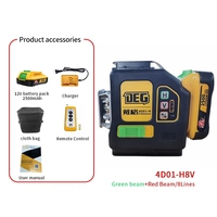 Niveau laser industriel DEGLASERS 8 lignes, 4 lignes vertes, 4 lignes rouges verticales, 360° à pendule, auto-nivelant, batterie Li-ion rechargeable