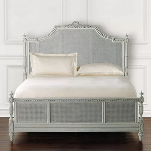 Muebles de Dormitorio Vintage Franceses, Camas King y Queen de Madera y <span class=keywords><strong>Mimbre</strong></span>, Cama de Plataforma Tallada Antigua con Cabecera Tejida - Product Image 3