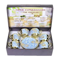 Nouvel ensemble de tasses à café en céramique de style européen, luxe léger, rétro, motif floral, électroplaqué, 6 tasses et 6 soucoupes, coffret cadeau pour la maison