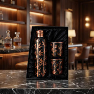 Handcrafted Copper Water Bottle Set with <b>2</b> <b>Cups</b> New Chinese Style Bamboo Engraved Portable <b>Flask</b> Gift Box - Product Image 1
