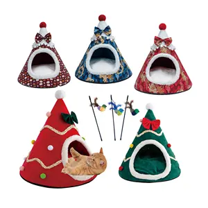 Christmas Pyramid Shaped Cat Bed House Indoor Pet Bed Use Velvet And Foam Material Washable