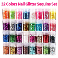 Ensemble de 32 pots de paillettes et sequins pour ongles, multicolores, flocons fins et épais, poudre holographique pour manucure, fournitures pour salon de beauté