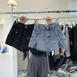 2024 Mùa Hè Brocken Lỗ Phụ Nữ Denim Mùa Hè Quần Short Quần Jean Ngắn Giản Dị Bale Dây Kéo Túi Bay sờn Thô Ripped Denim Cho Phụ Nữ