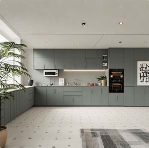 Ensemble de meubles de cuisine en contreplaqué gris importé, porte en verre laquée avec robinet, panier de rangement, design intégré, Chine - Product Image 4